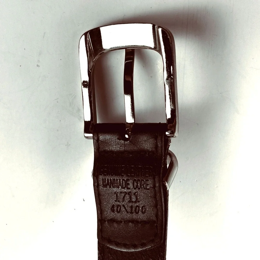 Leather Belt Men 40 Black Silver Buckle Professional Classic Minimalist Gorpcore